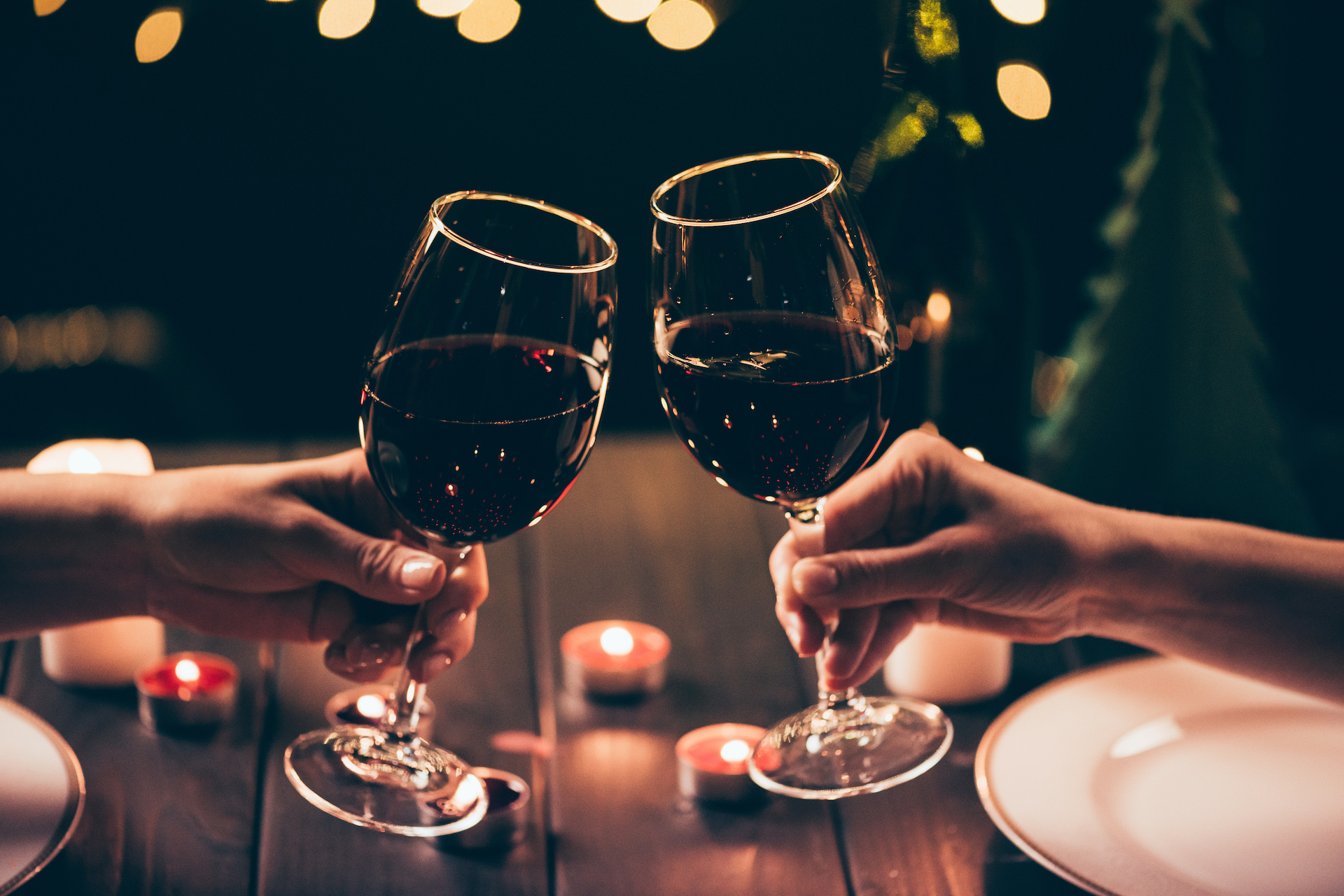 Wine glasses at a dinner over a table
